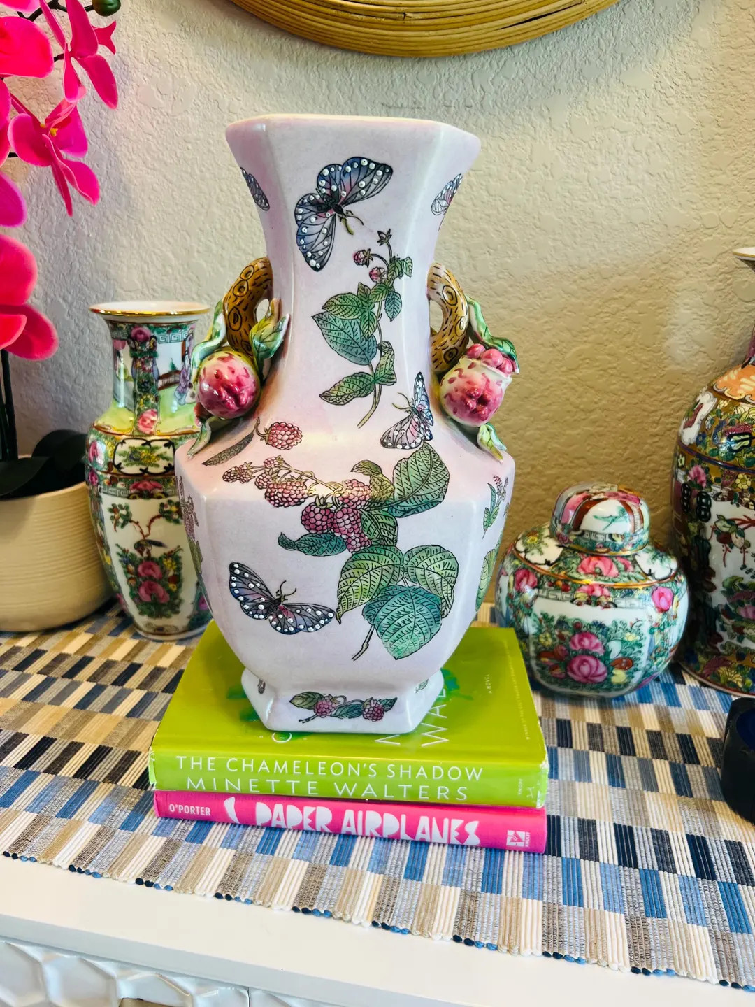 Vintage Chinese Chinoiserie Famille Rose Pink Porcelain Pomegranate Handle Vase, 12.5 - Etsy | Etsy (US)