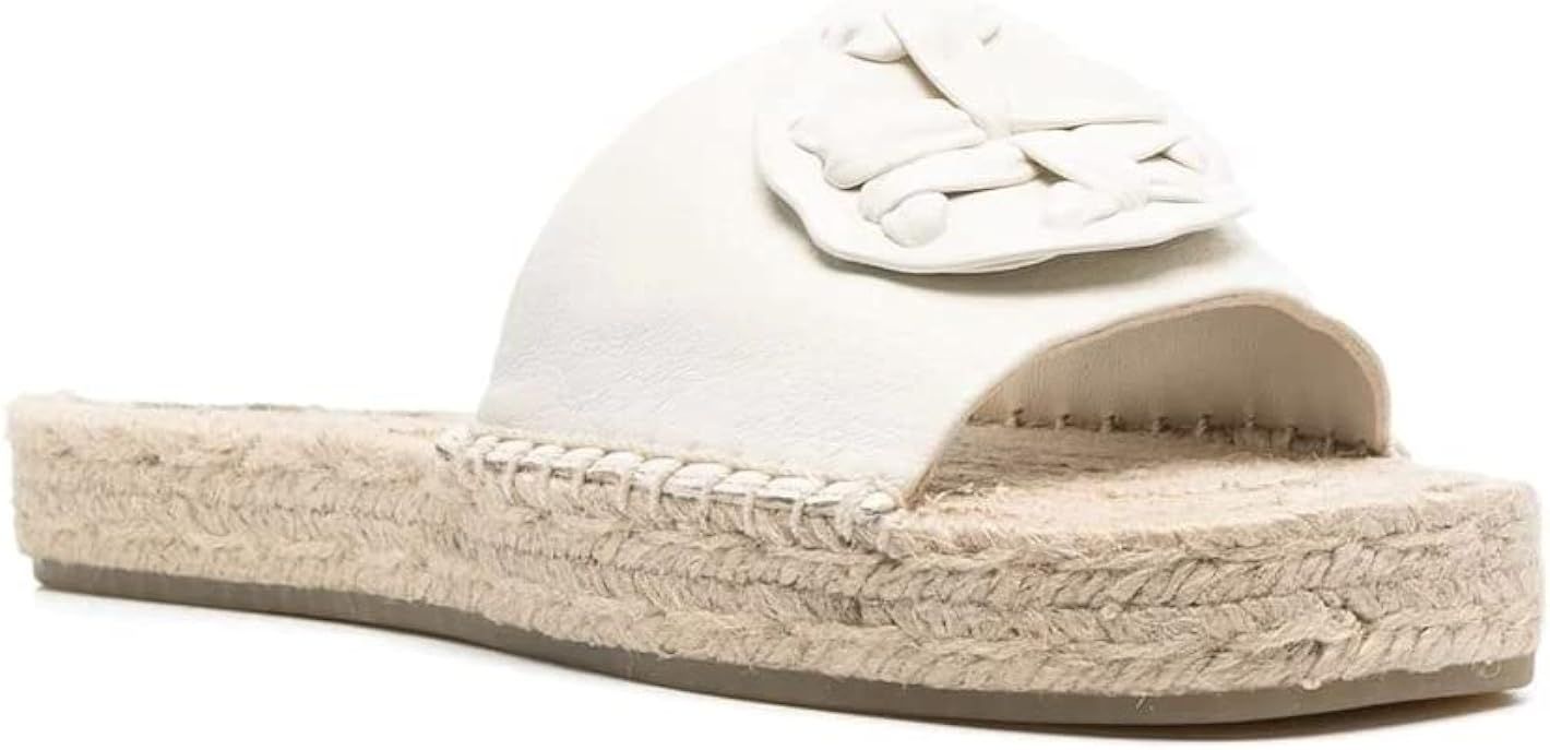 Tory Burch Women's Ivory Leather Woven Double T Espadrille Slides Shoes | Amazon (US)