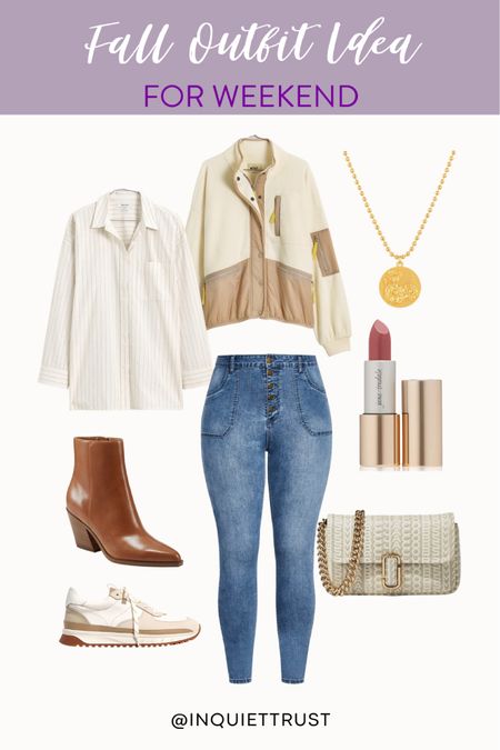 Here's a striped button down shirt, jacket, denim jeans and more to wear on weekend getaways! 
#fallfashion #outfitinspo #vacationstyle #curvyoutfit

#LTKshoecrush #LTKitbag #LTKstyletip