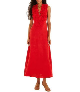 Red V-Neck Sleeveless 3D Flower Linen Midi Dress | Dillard's