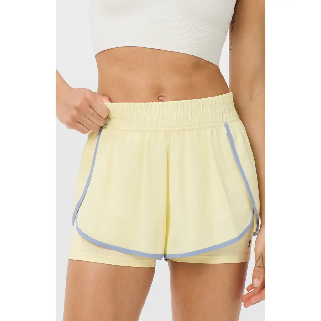Sweaty Betty 2-in-1 Multi-Train Performance Shorts in Butterscotch Yellow/Blue at Nordstrom, Size Small | Nordstrom