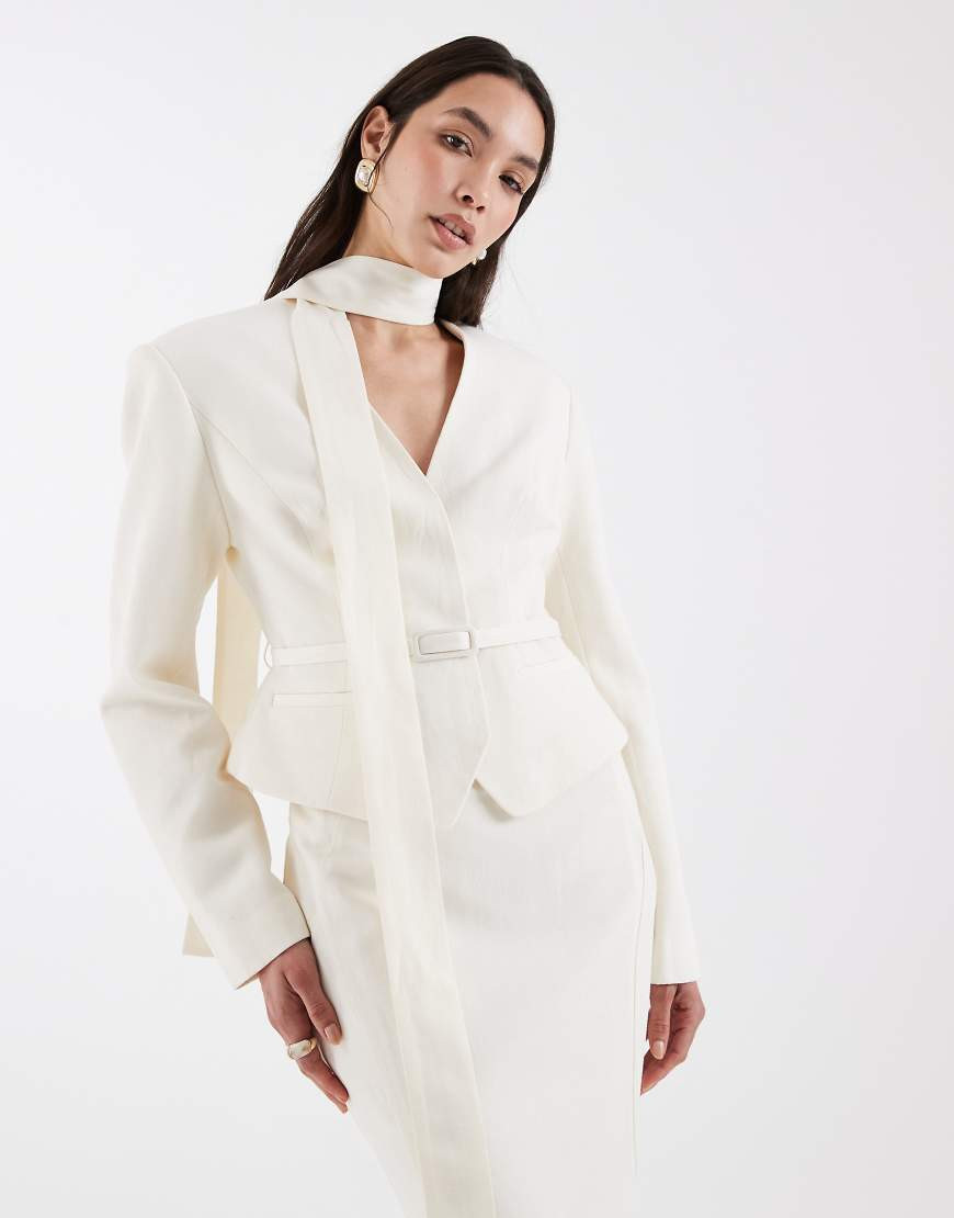 ASOS DESIGN tailored strong shoulder blazer co-ord with neck scarf detail in cream-White | ASOS (Global)