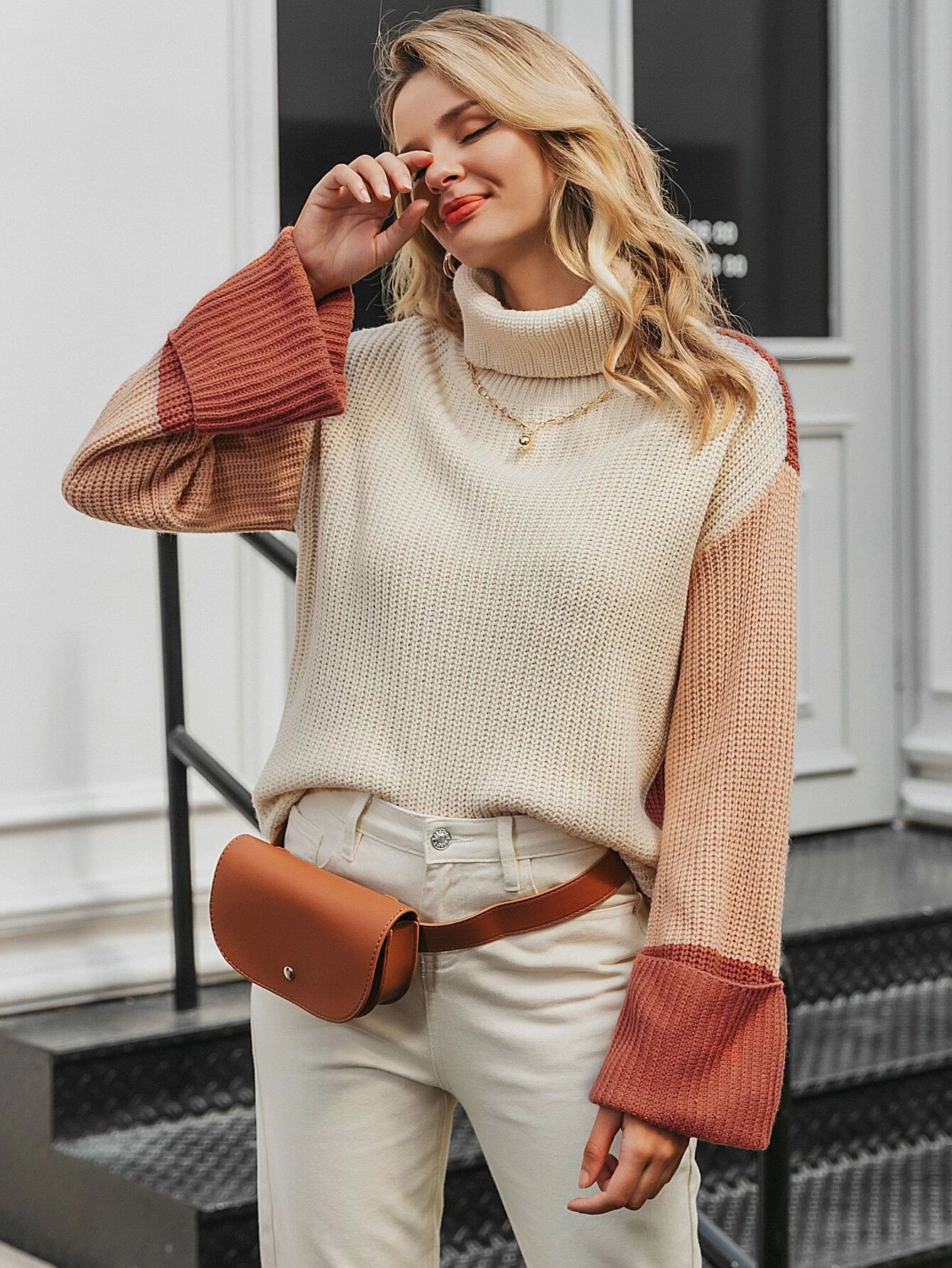 Simplee Color-block Funnel Neck Drop Shoulder Sweater | SHEIN