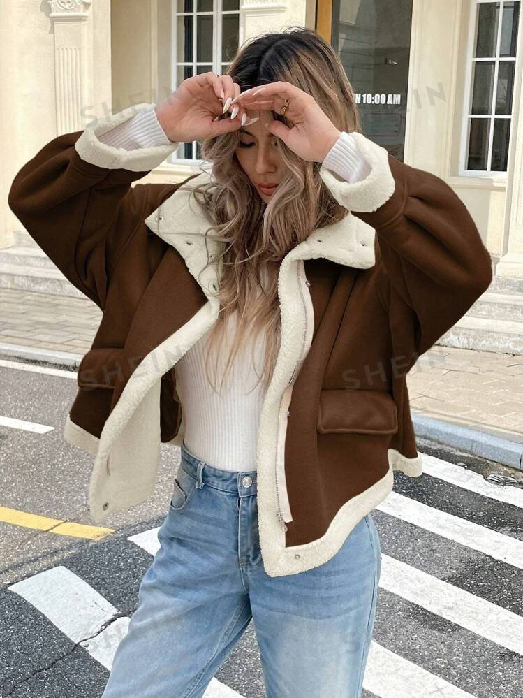 SHEIN Frenchy Women's Casual Raglan Loose-Fit Patchwork Teddy Thermal Lined Jacket, Autumn/Winter | SHEIN