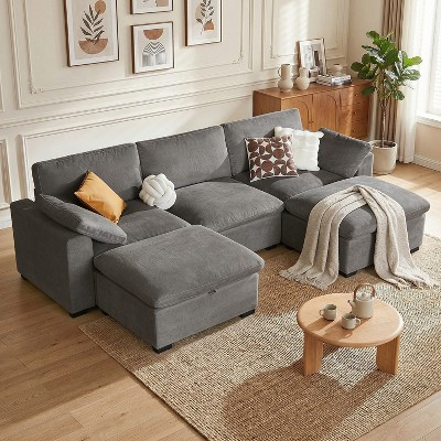 Dyonery 120" Oversized U-Shaped Modular Sectional Sofa, Linen Grey Cloud Couch with Storage Ottoman, Solid Wood Frame, Tool Free Assembly | Target