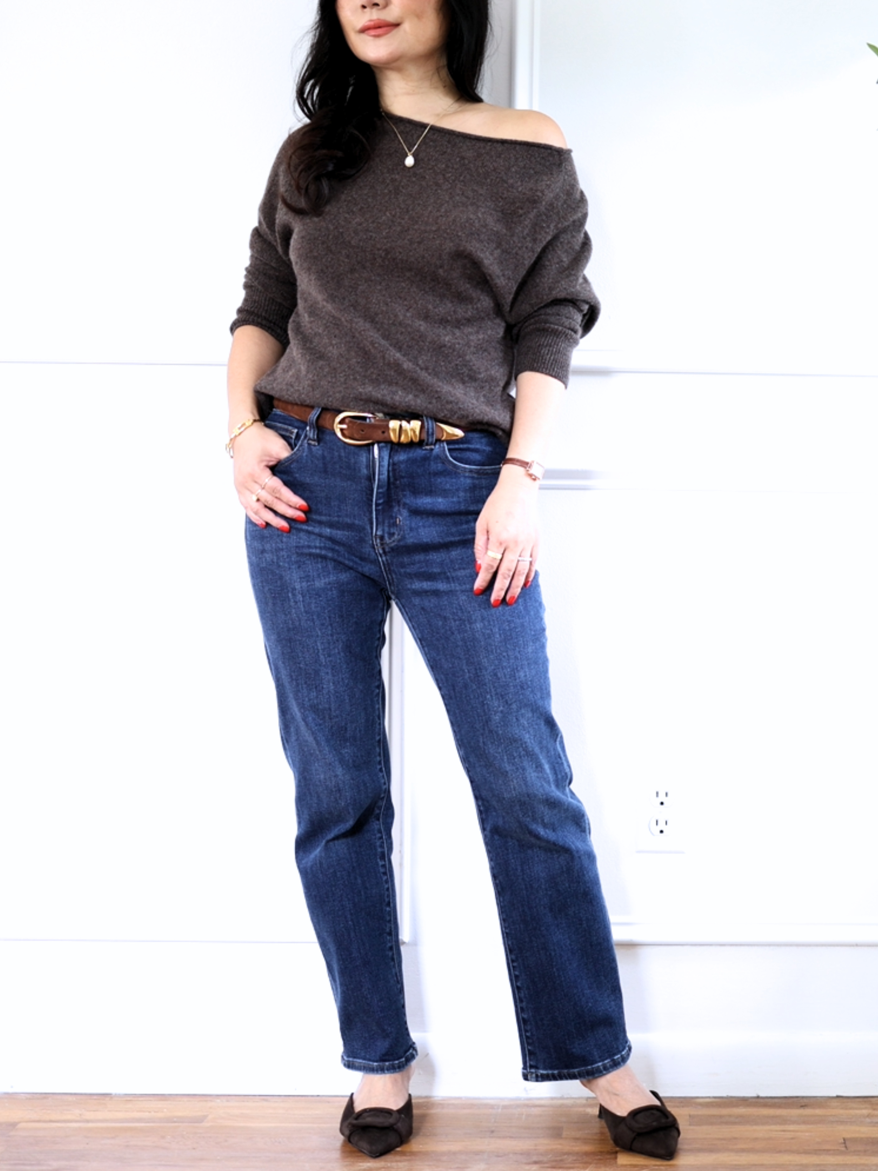 These FREE ASSEMBLY buckle mules from walmart are the ultimate throw-on-and-go shoe for fall. They pair effortlessly with straight-leg denim or wide-leg trousers, giving you that polished, pulled-together look in seconds.Wearing with a Quince cashmere sweater and straight leg jeans. 

 #LTKSeasonal #LTKOver40 #LTKPetite