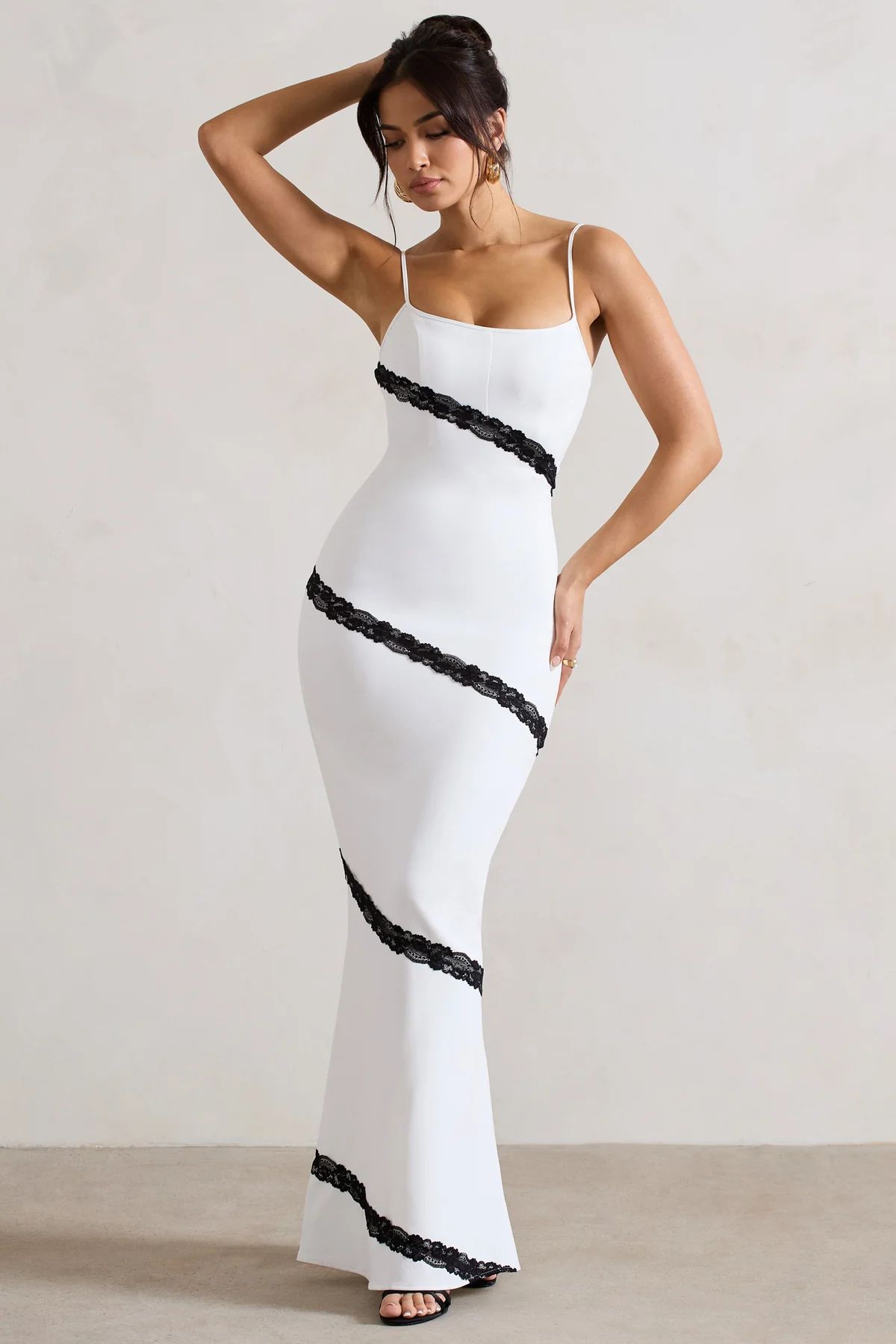Elizabeth | White & Black Strappy Lace-Trimmed Maxi Dress | Club L London