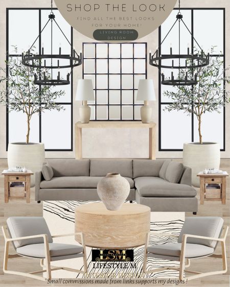 Neutral Transitional, Modern farmhouse living room design idea. Round wood coffee table, wood ens table, wood grey upholstered accent chair, white black stripe rug, grey sectional sofa, white terracotta tree planter pot, realistic faux fake tree, wood console table, white table lamp, grid mirror, double wheel chandelier, terracotta table vase.  

#LTKFind #LTKhome #LTKstyletip