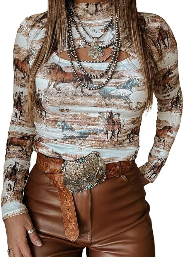 Melliflo Womens Wild Horses Print Western Shirt Hollow Out Mock Neck Western Top Long Sleeve Tops... | Amazon (US)