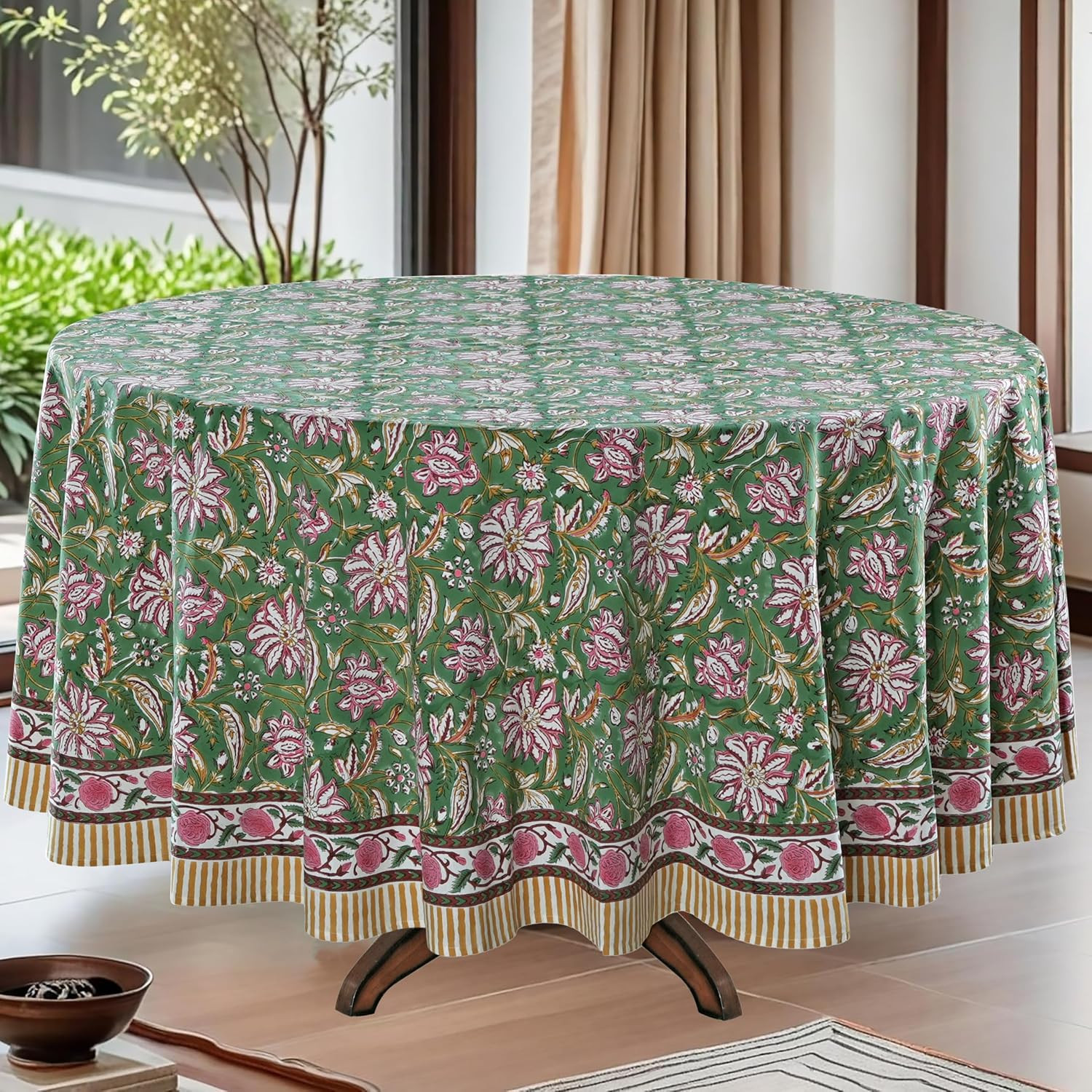 Ridhi Round Tablecloth Hand Block Print 100% Cotton Reusable Hunter Green 60 Inch Table Cover Dec... | Amazon (US)