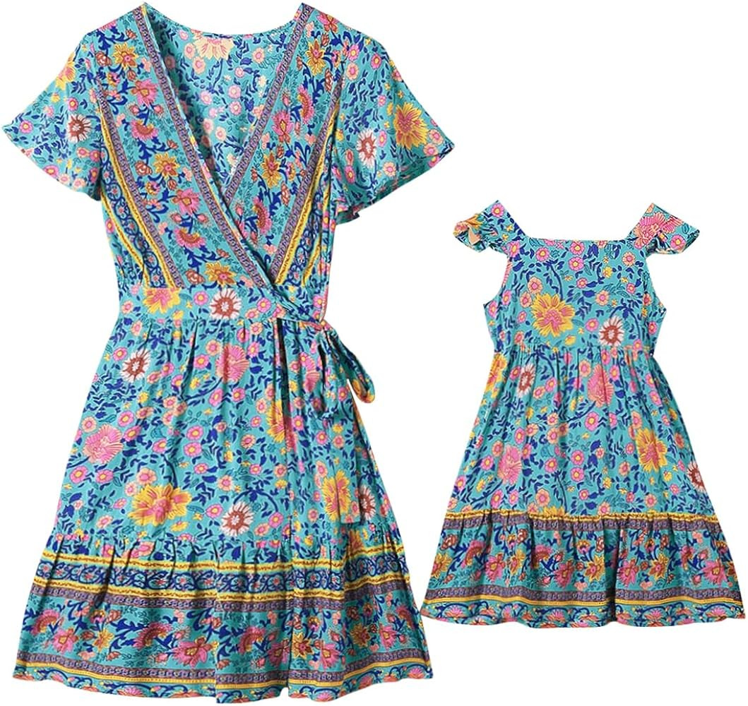 PopReal Mommy and Me Dresses Boho Casual Maxi Dress Summer Short Dress V Neck Wrap Floral Print S... | Amazon (US)