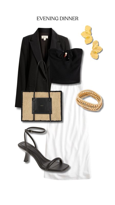 Evening dinner outfit white skirt black strappy heels sandals black tube top straw tote handbag black blazer and gold jewellery 

#LTKbag #LTKshoes #LTKstyletip