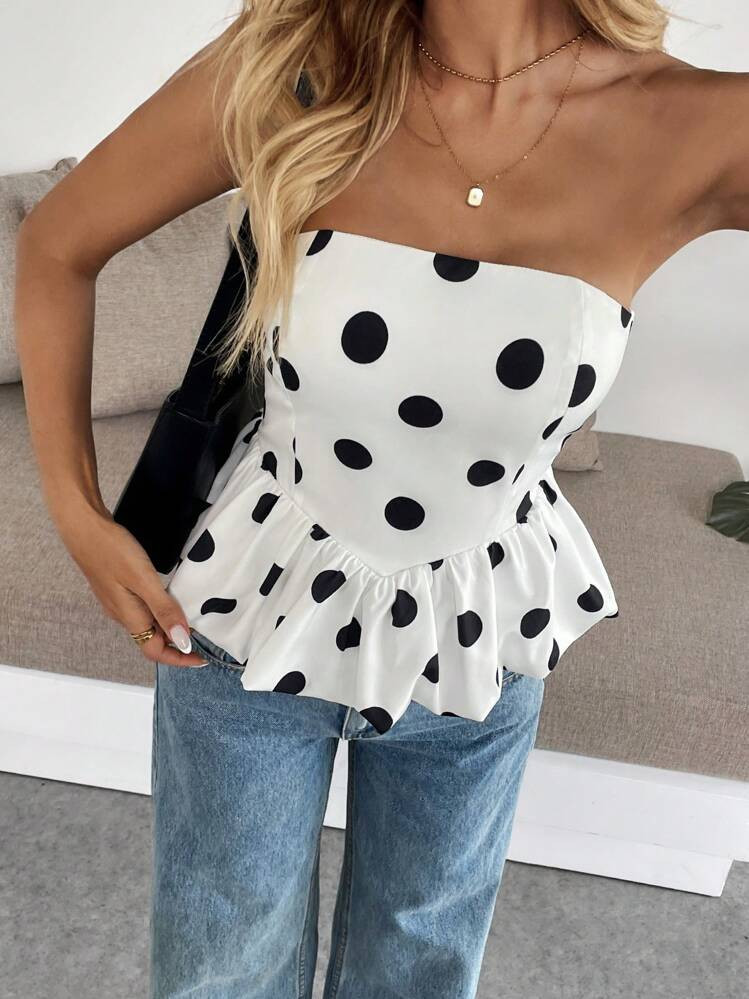 Pariaura Women's Polka Dot Ruffle Hem Bandeau Top | SHEIN