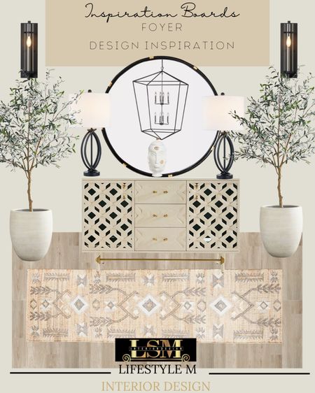 Foyer design inspiration. Recreate the look by shopping the pieces below. Foyer runner, wood floor tile, console table, white planters, faux olive tree, table lamps, table decor, lantern pendant light, round mirror, wall sconce light.

#LTKhome #LTKstyletip #LTKHoliday