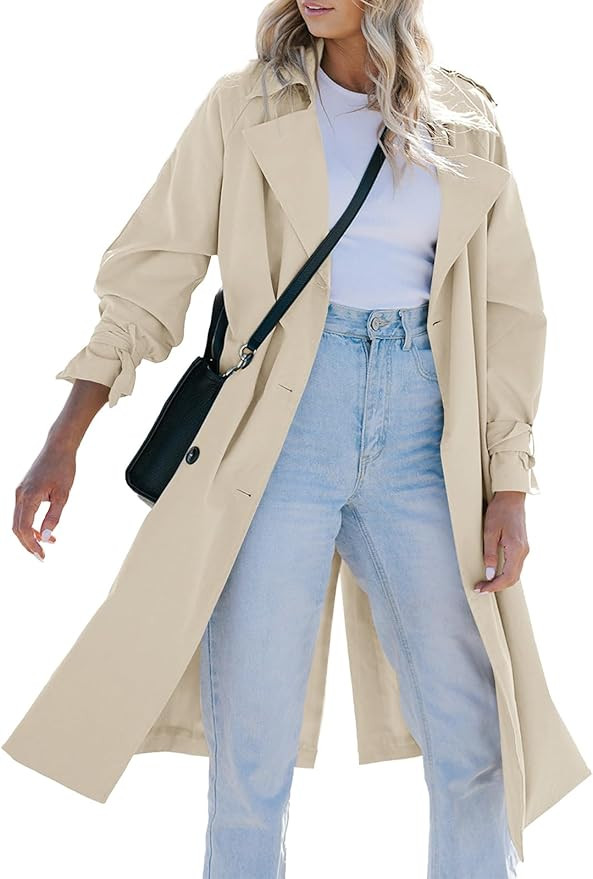 Tankaneo Womens Long Trench Coat Double Breasted Notch Lapel Lightweight Oversized Windproof Fall... | Amazon (US)