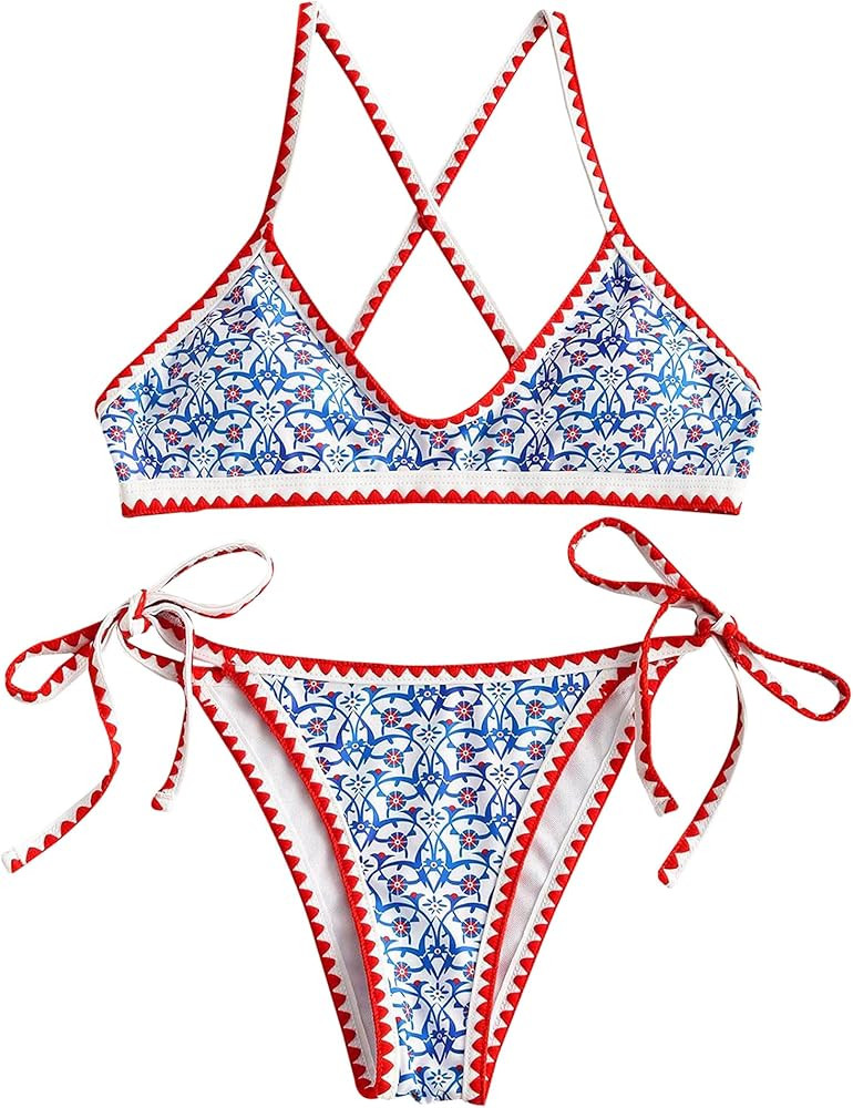 ZAFUL Women 2 Piece Bikini Set Criss Cross Back Floral Printed Stitching Bandeau Swimsuit Tie Sid... | Amazon (US)