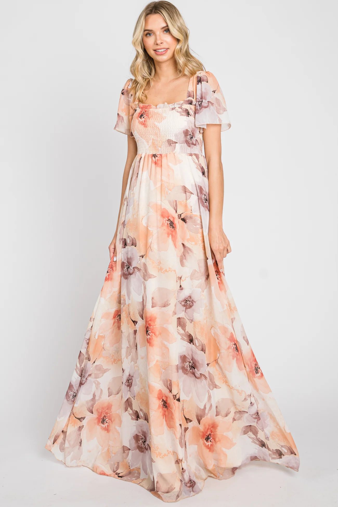 Peach Floral Chiffon Smocked Short Sleeve Maxi Dress | PinkBlush Maternity