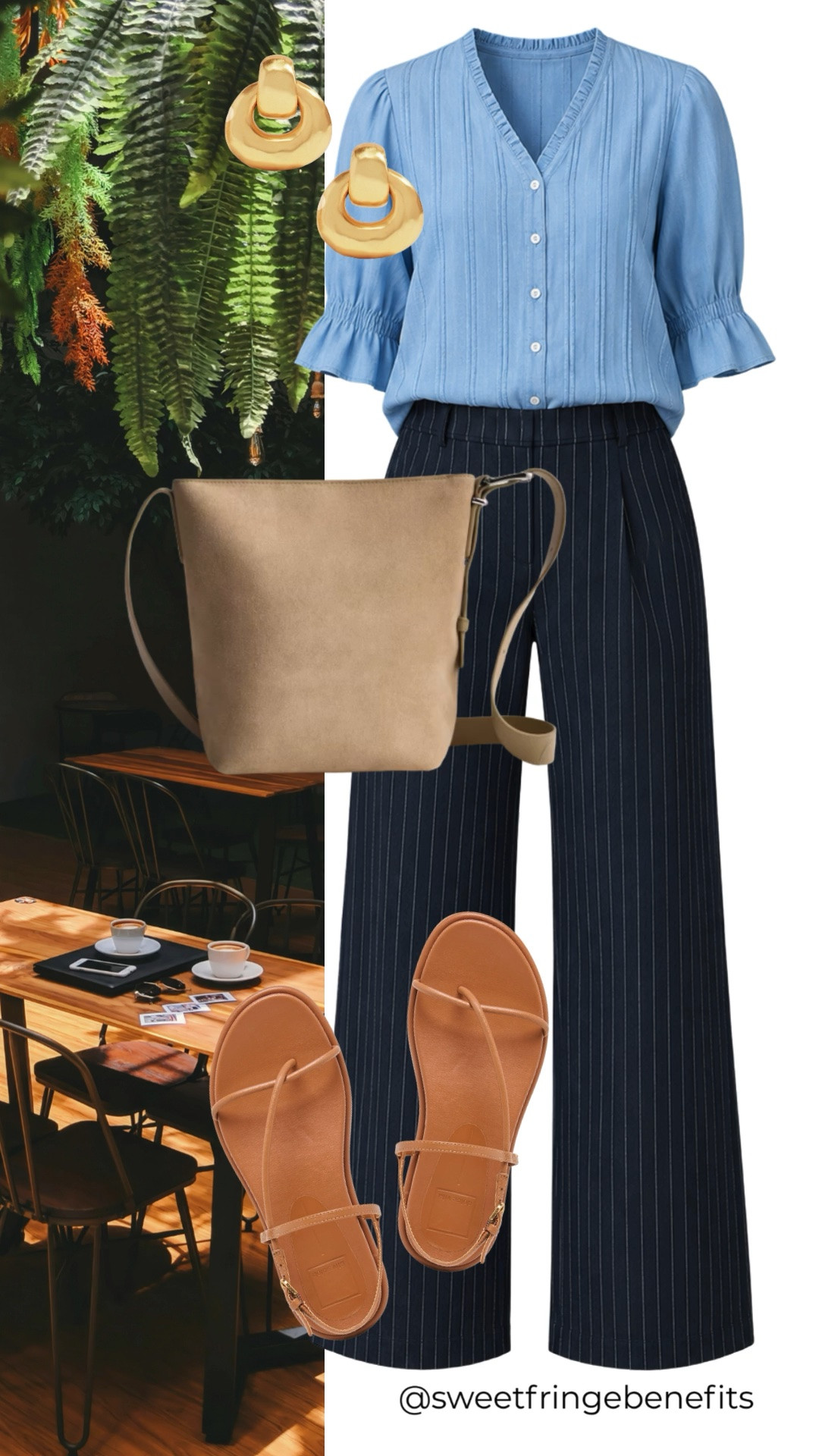 This light blue blouse and navy pinstripe pants make a polished, easy outfit. The feminine ruffle sleeves add a pretty touch, while tan sandals keep it comfortable and relaxed.

💡 LTK MADE EASY
❤️ Heart = Support my posts!
🔖 Save = Get sale & restock alerts
📋 Lists = Keep favorites organized
📲 Share = Send lists and products to a friend. Hello, Christmas List!
💬 Comment = Ask me anything about what I'm wearing.:-)

#LTKootd #LTKWorkwear #LTKOver40