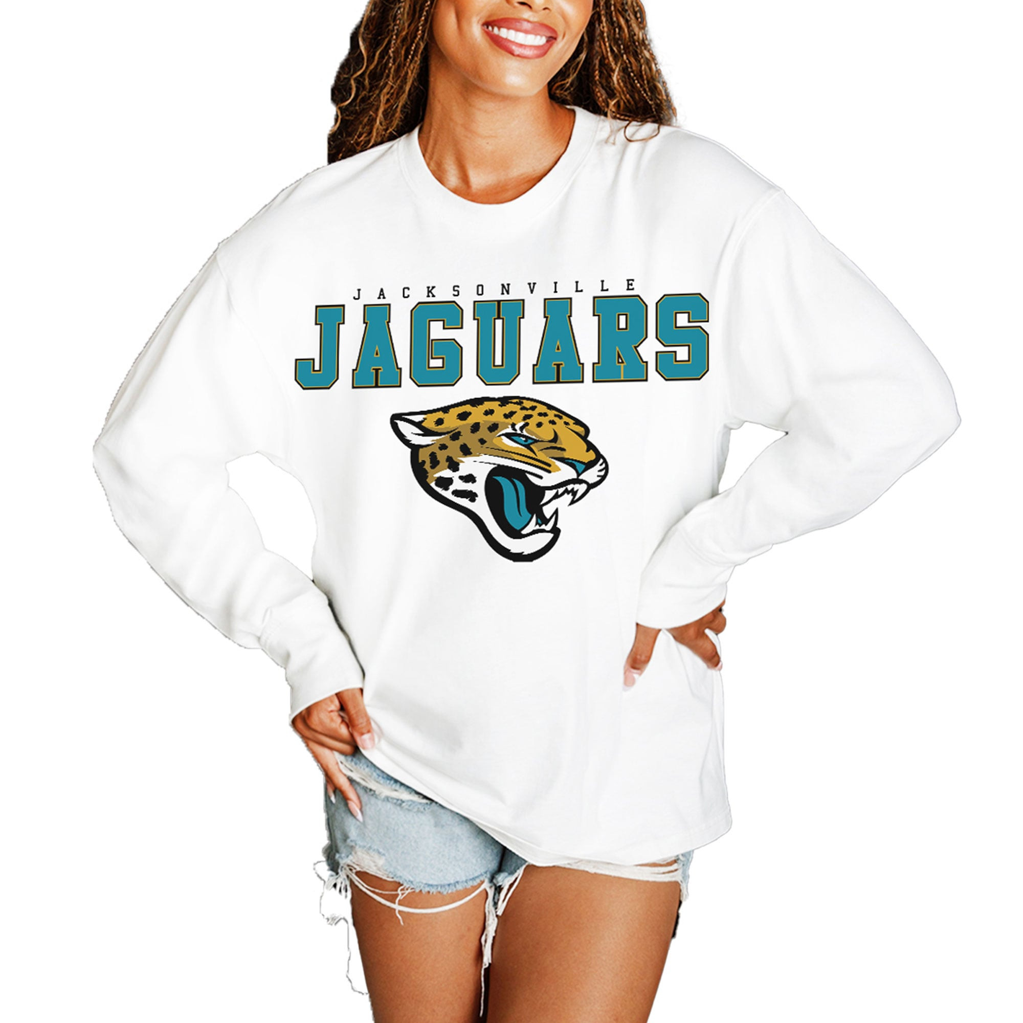Women's Jacksonville Jaguars  Gameday Couture White Big Goals Oversized Long Sleeve T-Shirt | NFL Shop