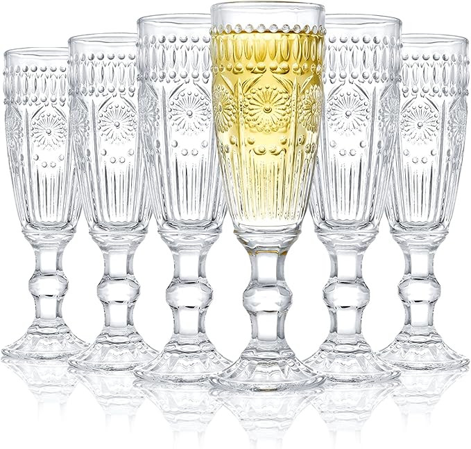 Kingrol 6 Pack 5 Ounces Glass Champagne Flutes, Vintage Sparkling Wine Glasses for Champagne, Cav... | Amazon (US)