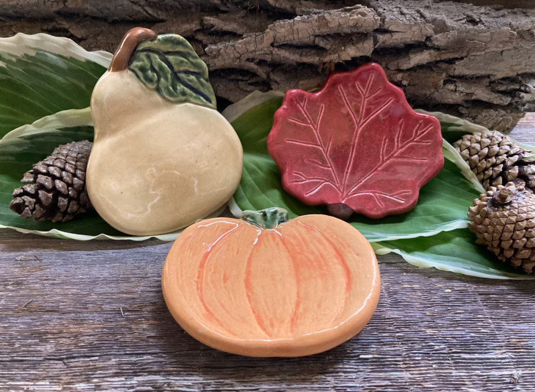 Fall Themed Dishes/ Handmade Ceramic Maple Leaf, Natural Gourd + Pumpkin Dish/ Uses: Teabag Holde... | Etsy (US)