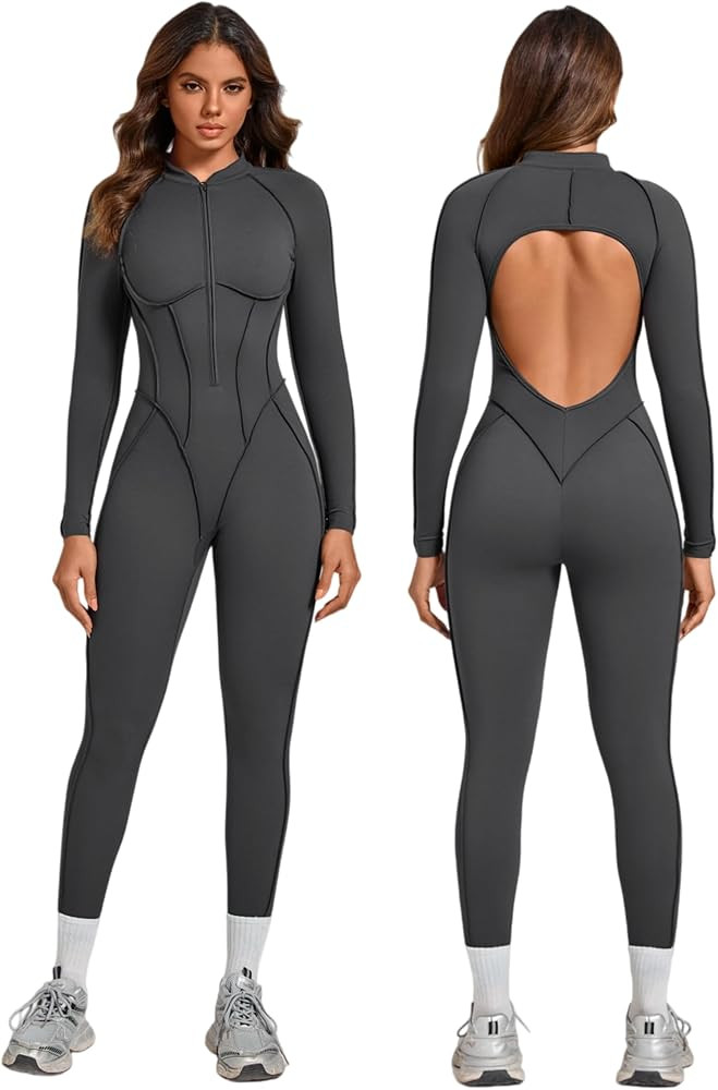 ABOCIW Womens Zipper Long Long Sleeve Workout Jumpsuit Contouring Seams Backless Bodysuit Yoga Ro... | Amazon (US)