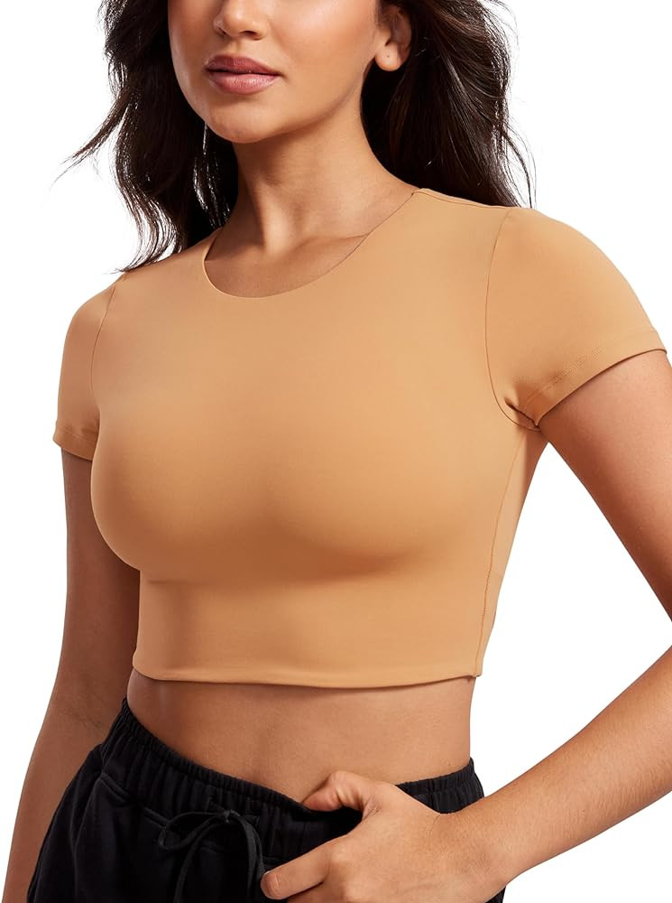 CRZ YOGA Womens Butterluxe Double Lined Short Sleeve Crop Tops Crew Neck Casual Workout T-Shirt C... | Amazon (US)