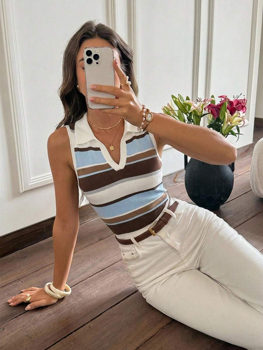Serisse Women's Blue And White Stripe Tank Top, Polo Collar Asymmetric Colorblock Summer Top, Elegant And Classy Style, Back-To-School School Fashion, Y2K Casual | SHEIN