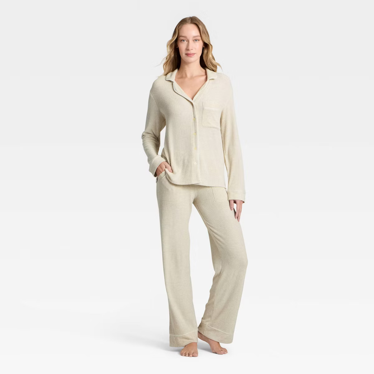 Women's Cozy Ribbed Notch Collar Long Sleeve Shirt and Pants Pajama Set - Auden™ | Target