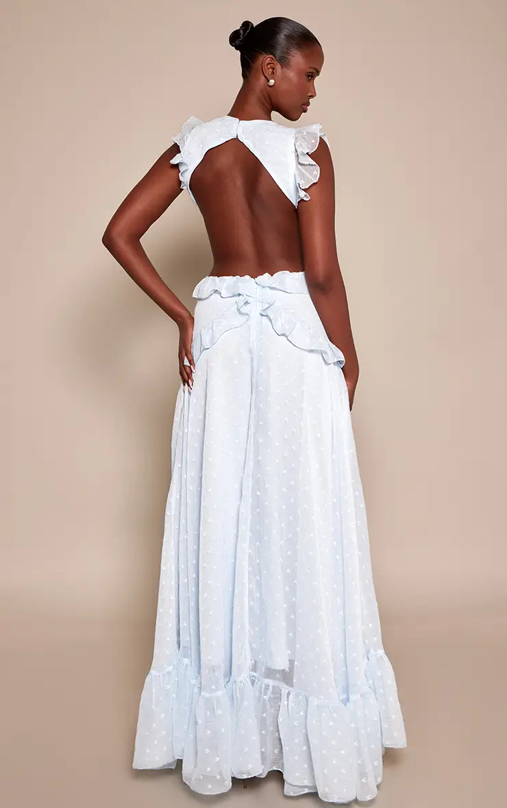 Dresses | Blue Plunge Frill Maxi Dress | PrettyLittleThing | PrettyLittleThing UK