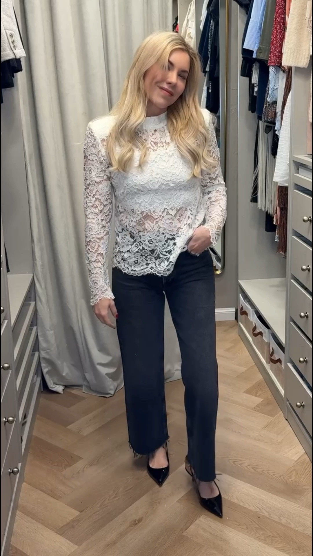 Lace top
Black jeans 
Wide leg cropped jeans 
Kitten heel 
Spring Outfit 

#LTKSeasonal #LTKgrwm #LTKootd