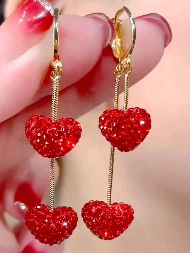Rundraw 2pcs Luxury Metal Studded Heart Shaped Dangle Earrings For Women, Elegant Party & Festival Gifts Valentines,Mom,Mother,Mother's Day,Gift | SHEIN