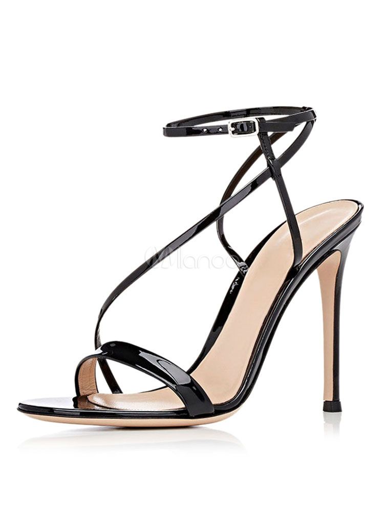 Black Evening Sandals Strappy Buckled Stiletto Women's High Heel Sandal Shoes | Milanoo