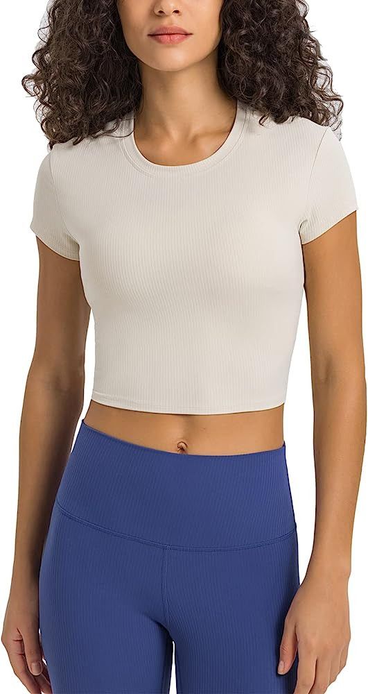 altiland Ribbed Workout Tops for Women, High Neck Cropped Yoga Gym T-Shirts, Buttery Soft Athleti... | Amazon (US)