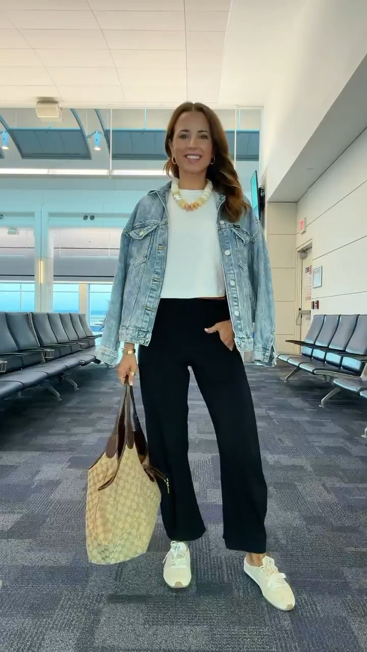 My travel outfit of the day! Airport outfit. Everyday outfit. Casual outfit. Ruti on the loose pants in size 0 standard (comes in petite and long, too). Code WELCOME45 on first time purchases. Wrinkle-free fabric! Will link Amazon alternative, too. Lululemon crop tee in XXS (doesn’t show any skin on me). Wrangler girlfriend denim jacket in XS. Alo mule sneakers are TTS and so comfy! Gucci mercato tote in size large.

#LTKootd #LTKTravel #LTKPetite