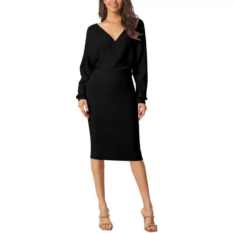 Seta T Women's Deep Wrap V Neck Batwing Long Sleeve Belted Midi Sweater Dress with Belted | Walmart (US)