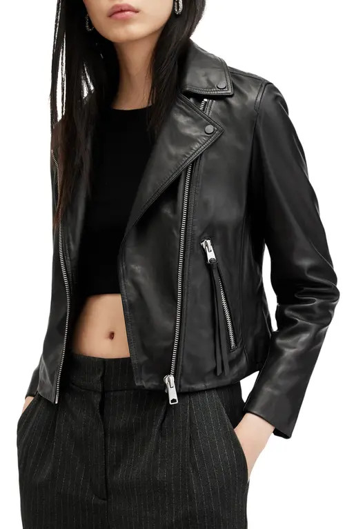 AllSaints Dalby Leather Biker Jacket in Black/silver at Nordstrom, Size 10 | Nordstrom