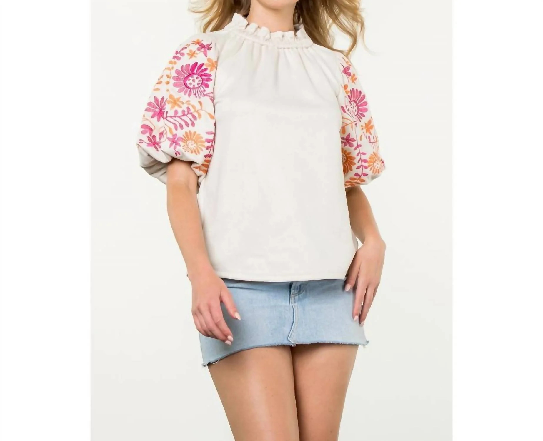 Embroidered Puff Sleeve Suede Top In Cream | Shop Simon