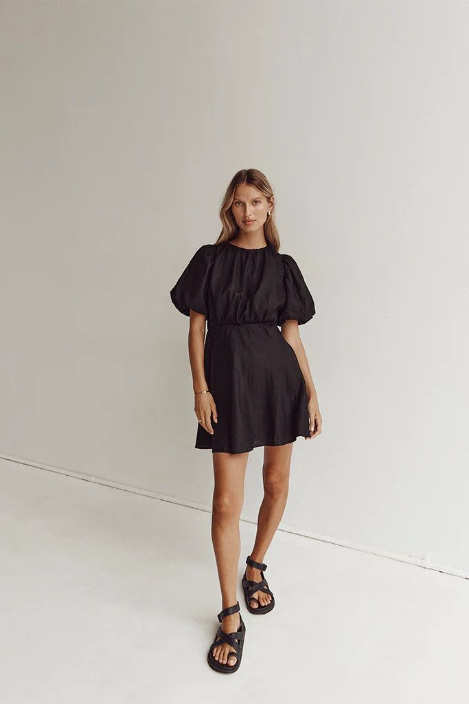 NAT BLACK GATHERED LINEN MINI DRESS | DISSH