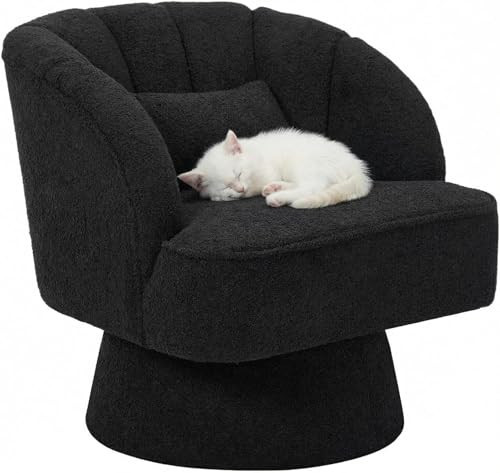 Amenitlif Modern 360° Swivel Barrel Accent Chair, Teddy Upholstered Round Lounge Armchair with Striped Back Design, Plush Cushioned Seat for Living Room, Bedroom, or Reading Nook, Black | Amazon (US)