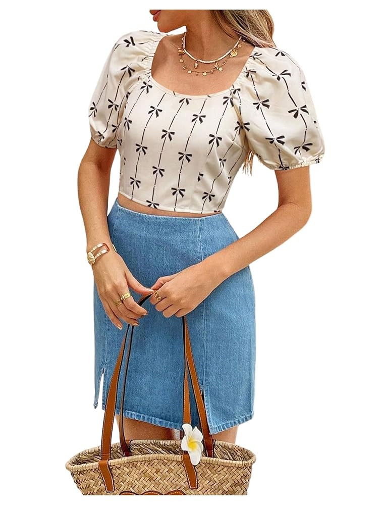 OYOANGLE Women's Bow Print Short Puff Sleeve Blouse Square Neck Criss Cross Backless Crop Top | Amazon (US)