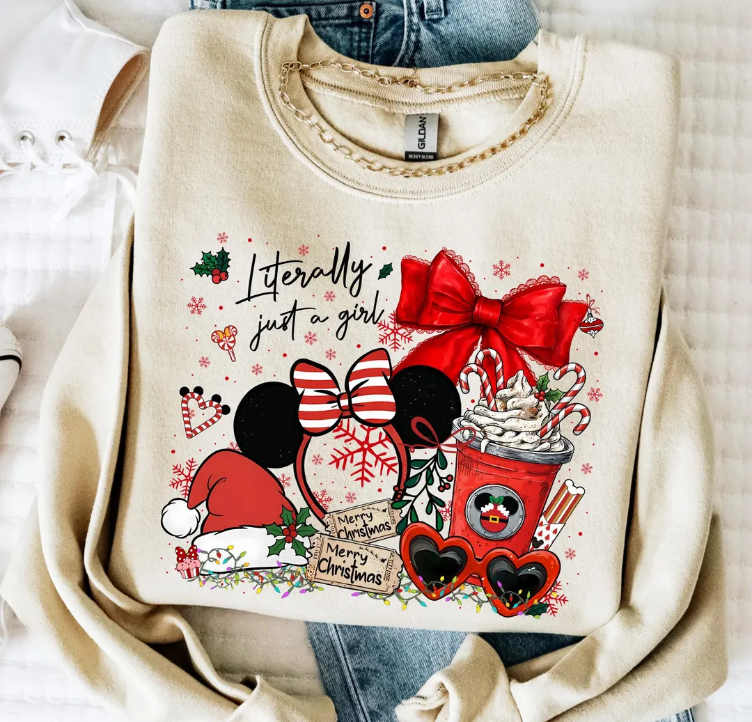 Literally Just A Girl Disney Christmas Sweatshirt Coquette Bow Disney Minnie Mouse Sweater, Girly... | Etsy (US)
