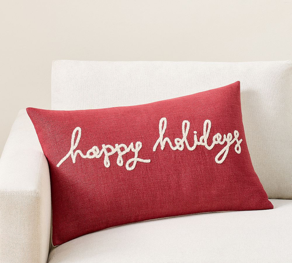 Happy Holidays Embroidered Lumbar Pillow | Pottery Barn (US)