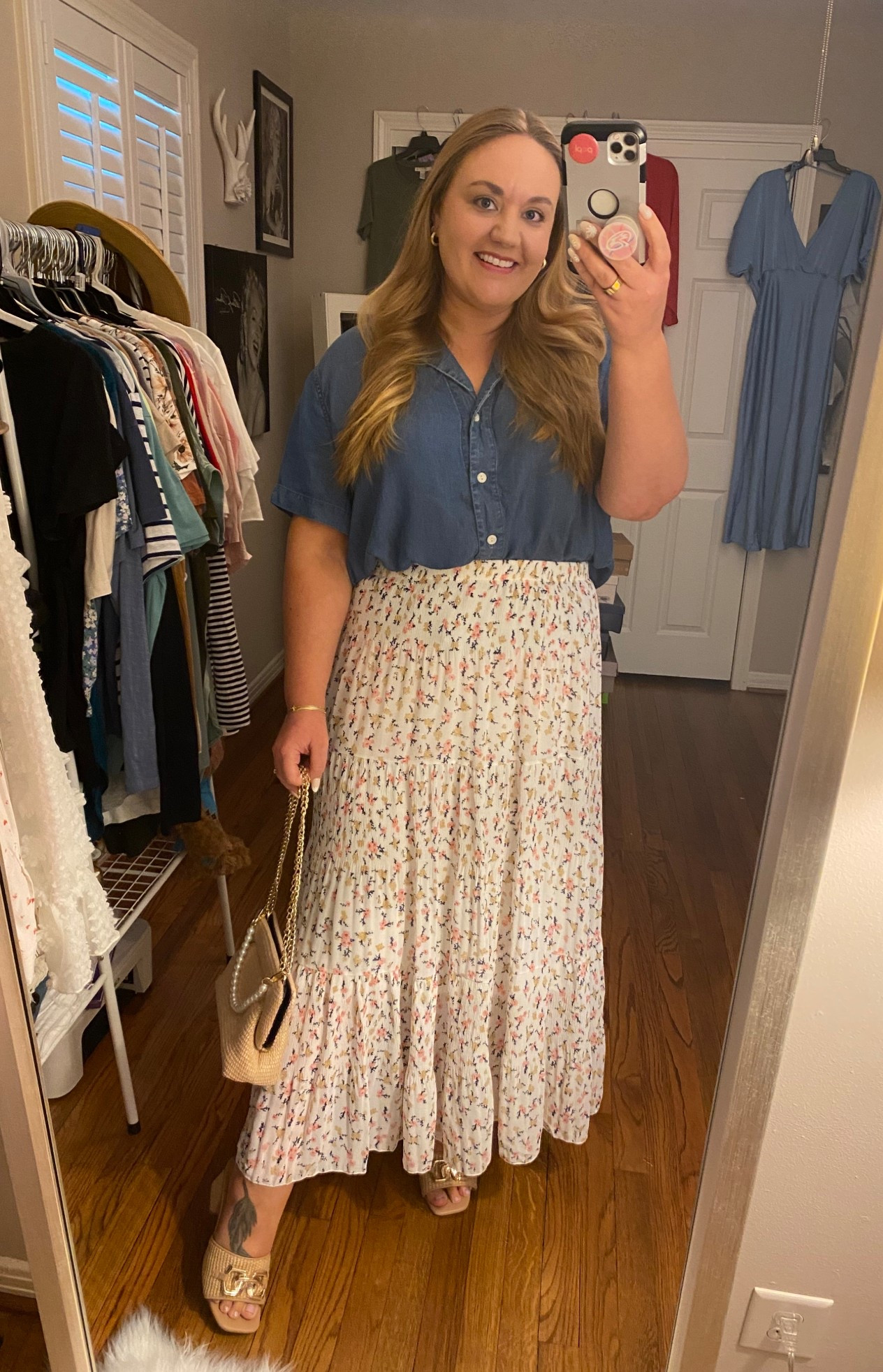 Floral skirt, Maxi skirt, teacher outfit, work outfit, casual Friday, straw handbag, heeled sandals, raffia sandals, Amazon skirt, Amazon sandals, denim top

#LTKFindsUnder50 #LTKShoeCrush #LTKMidsize