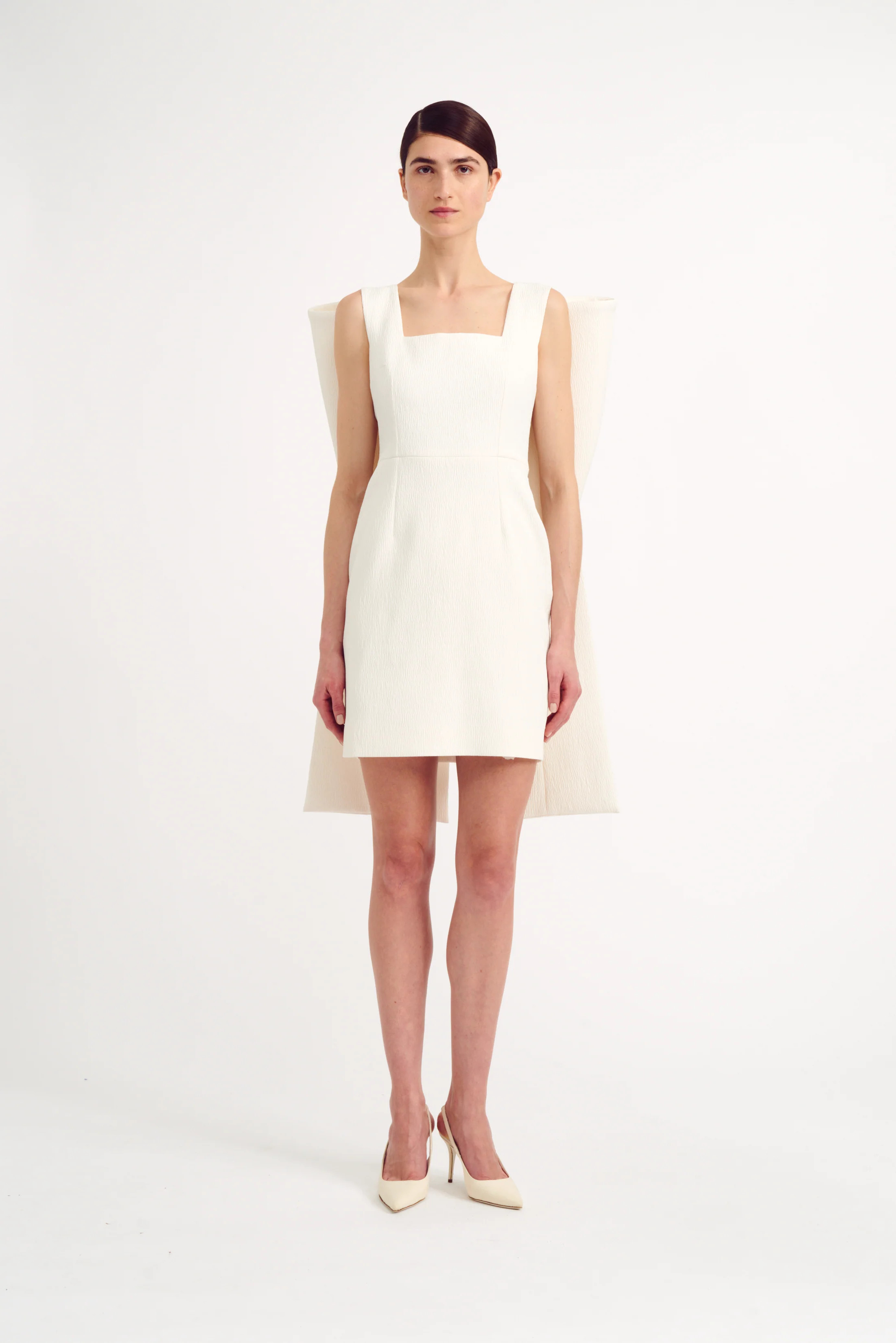 Drusilla Bow Back Mini Bridal Dress in Ivory Textured Cloque | Emilia Wickstead