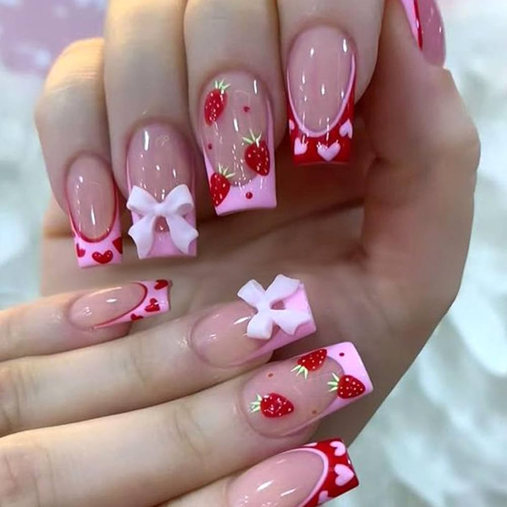 Valentine's Day Press on Nails Medium Square Fake Nails with Bow Strawberry Designs Pink French T... | Amazon (US)