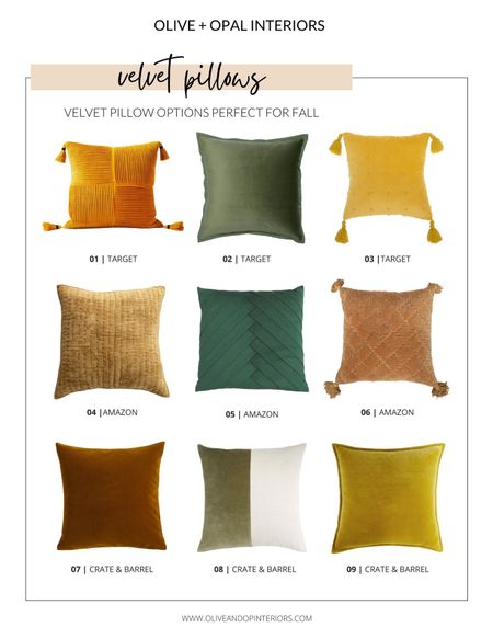 Here is a roundup of some velvet pillows perfect for Fall!
.
.
.
Target
Amazon 
Crate & Barrel
Velvet Pillows 
Accent Pillows 
Seasonal Decor
Fall Decor 

#LTKstyletip #LTKSeasonal #LTKunder100