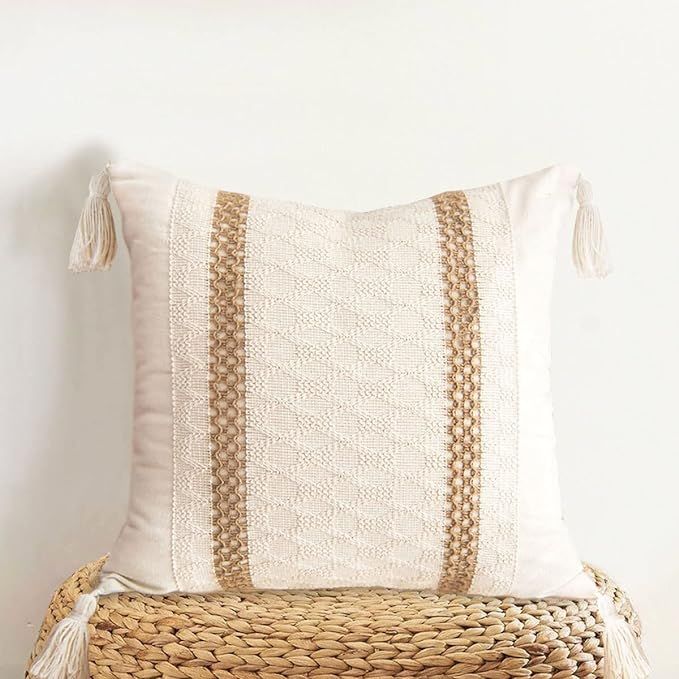 DUKYMIK Woven Farmhouse Accent Decorative Throw Pillow Cover for Couch Sofa - 18 x 18 Inch Burlap... | Amazon (US)