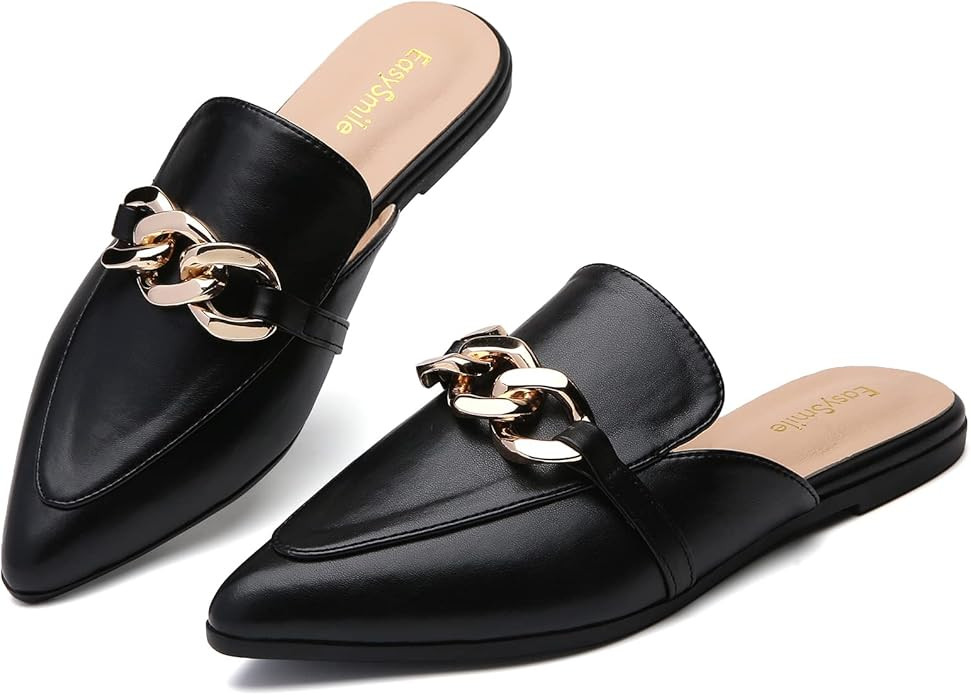 EasySmile Metal Chain Decor Flat Mules for Women Closed Pointed Toe Slip on Loafers Slides Backle... | Amazon (US)