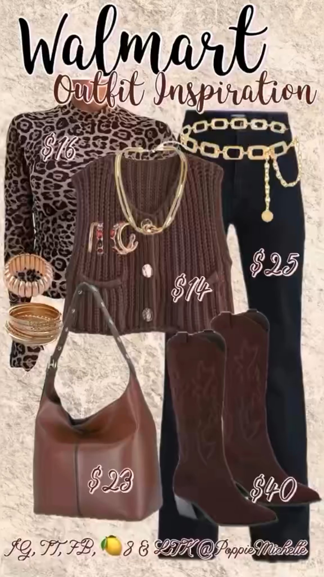 Rodeo Season is for Brown & Gold = Classic Cowgirl Style! I always get so many compliments on this fit. Dark wash Trouser jeans, leopard sheer long sleeve top with a chunky knit chocolate brown cropped sweater vest. With the gold jewelry and concho belt paired with the espresso brown boots and slouchy purse- I always feel pretty and pulled together. Tap that ❤️ if you want want to see more outfit inspiration. All my outfits are linked in my LTK.